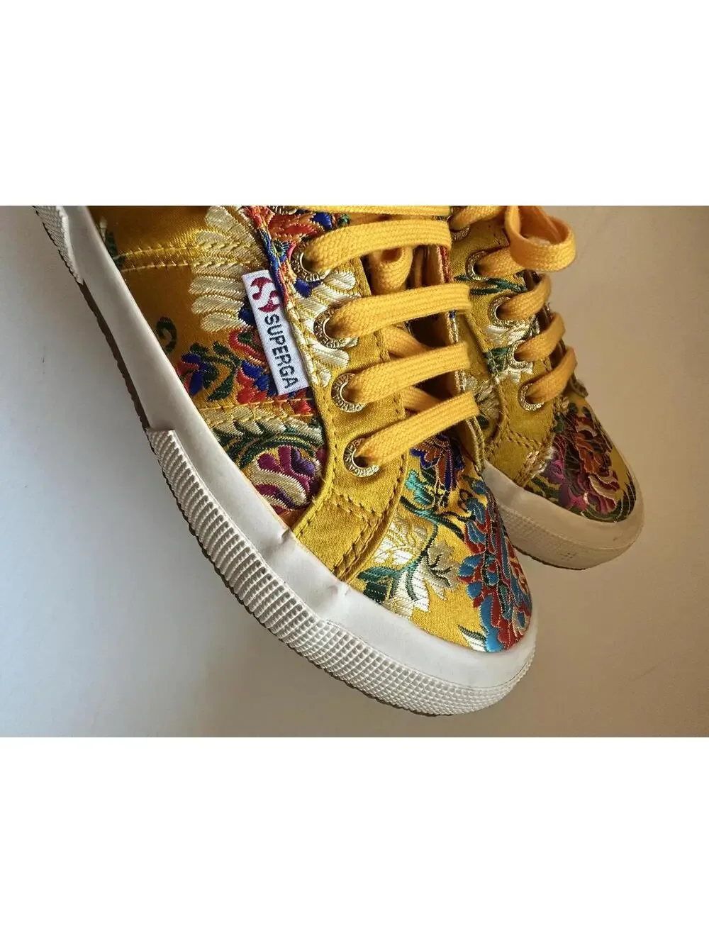 Superga Women's 2750 Korelaw sneakers gold floral embroidered satin upper Size 7 - Picture 6 of 8